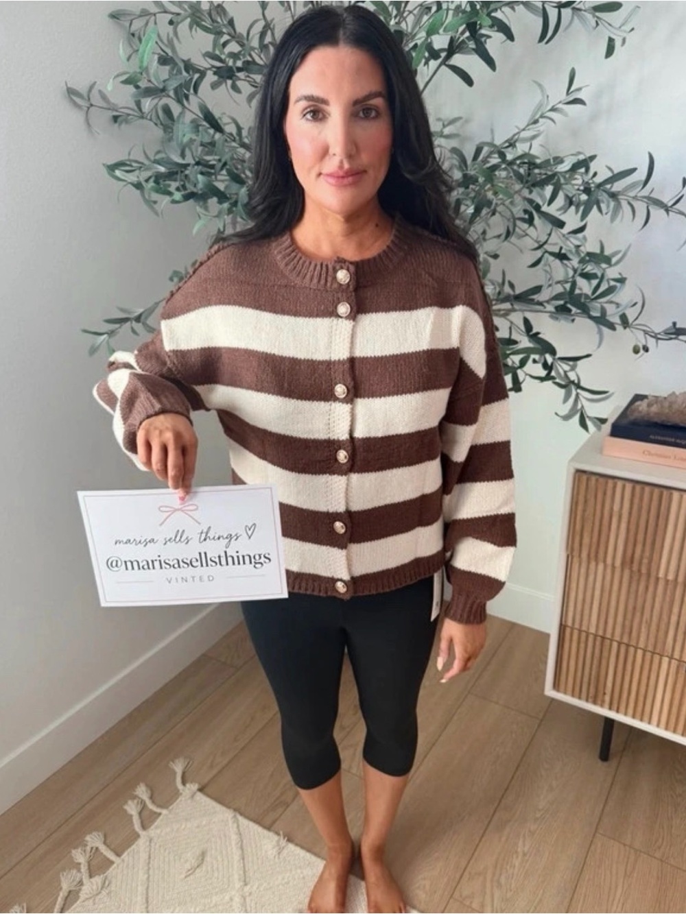 Woman's Brown & Cream Striped Button Cardigan Sweater